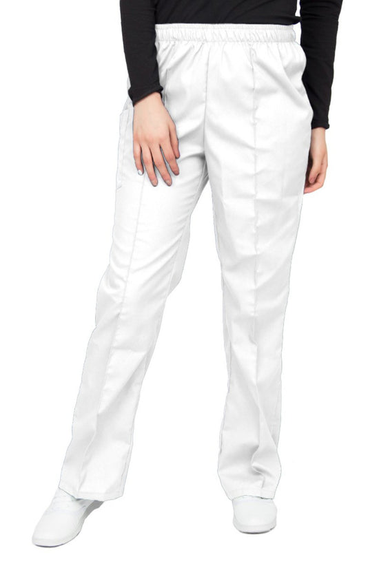 Pantalón clínico blanco de corte recto, con una aforza al frente, una bolsa en el lado derecho con cierre de velcro, y cintura de elástico.