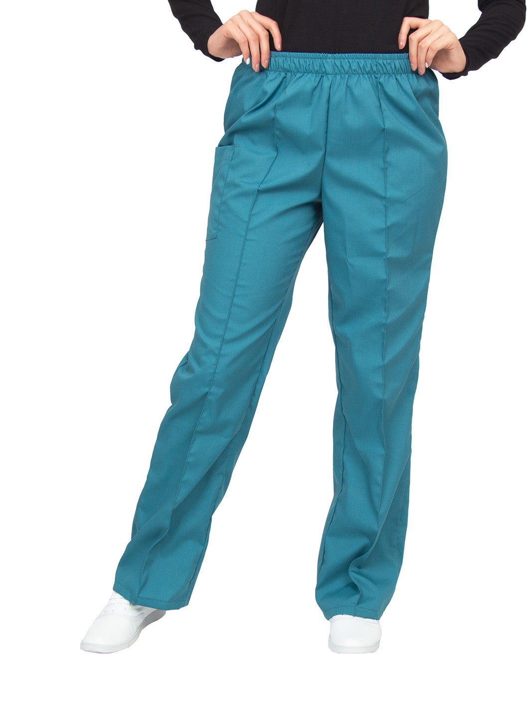 Pantalón clínico turquesa de corte recto, con una aforza al frente, una bolsa en el lado derecho con cierre de velcro, y cintura de elástico.