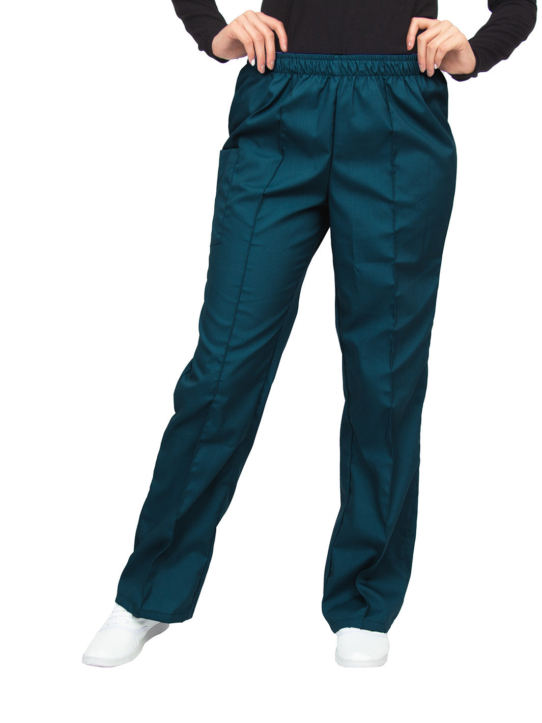 Pantalón quirúrgico azul caribe de corte recto, con una aforza al frente, una bolsa en el lado derecho con cierre de velcro, y cintura de elástico.
