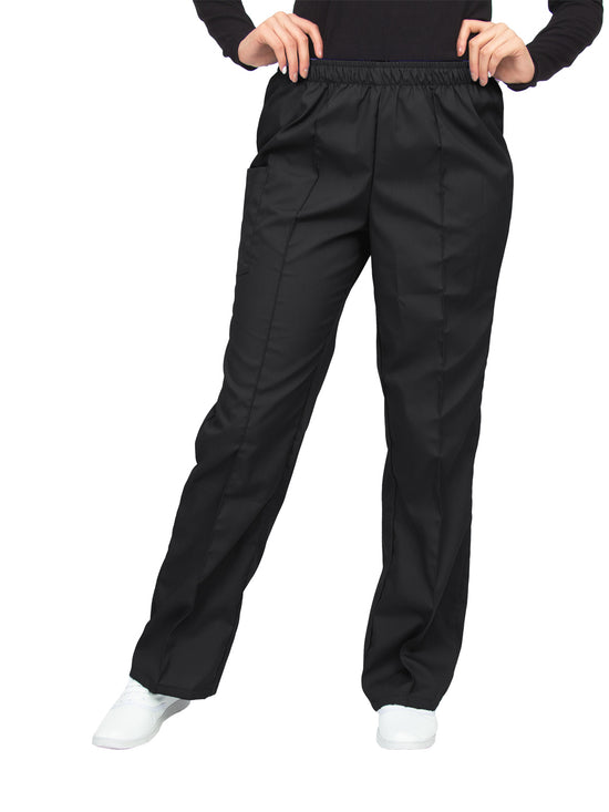 Pantalón clínico negro de corte recto, con una aforza al frente, una bolsa en el lado derecho con cierre de velcro, y cintura de elástico.