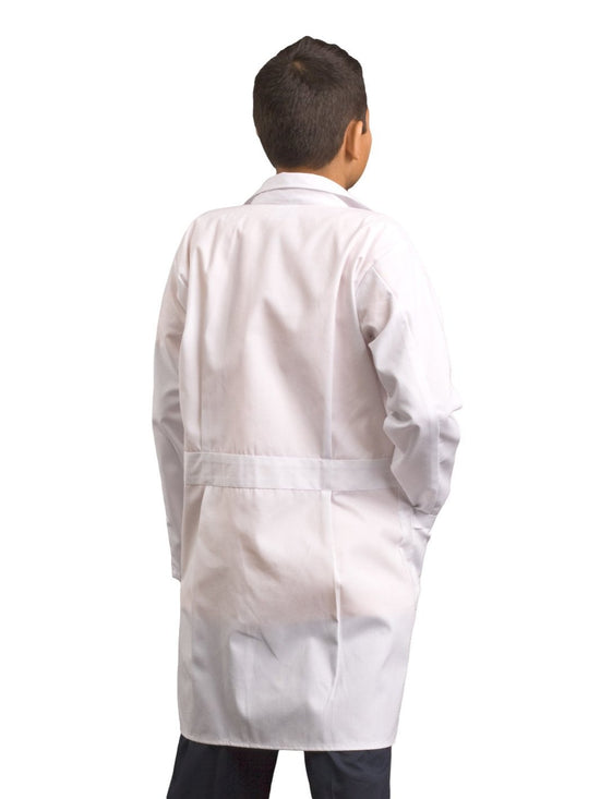 Niño usando bata de laboratorio juvenil color blanco con bolsas y botones