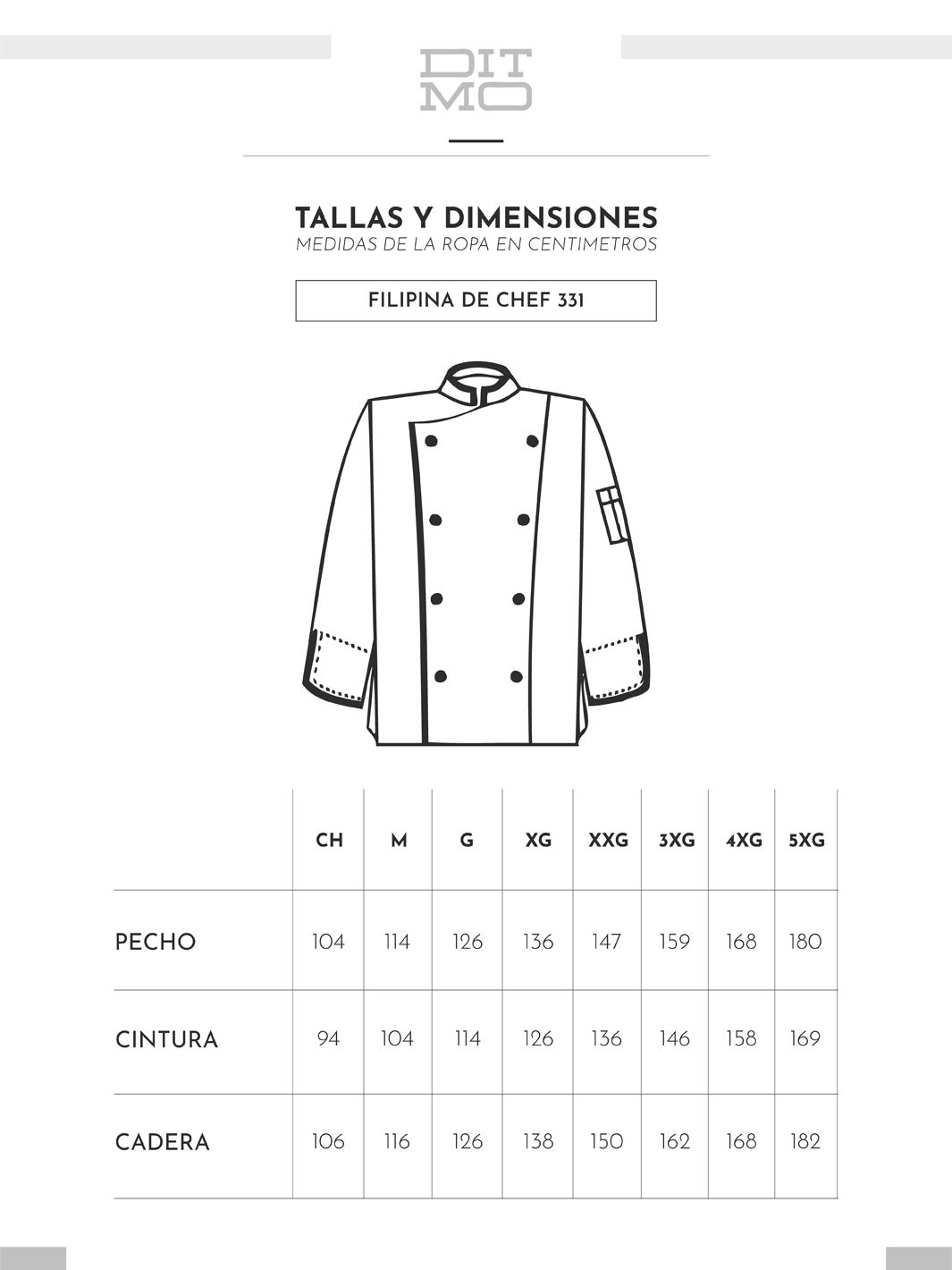 Tabla de medidas para filipina de chef 331 Ditmo Uniformes