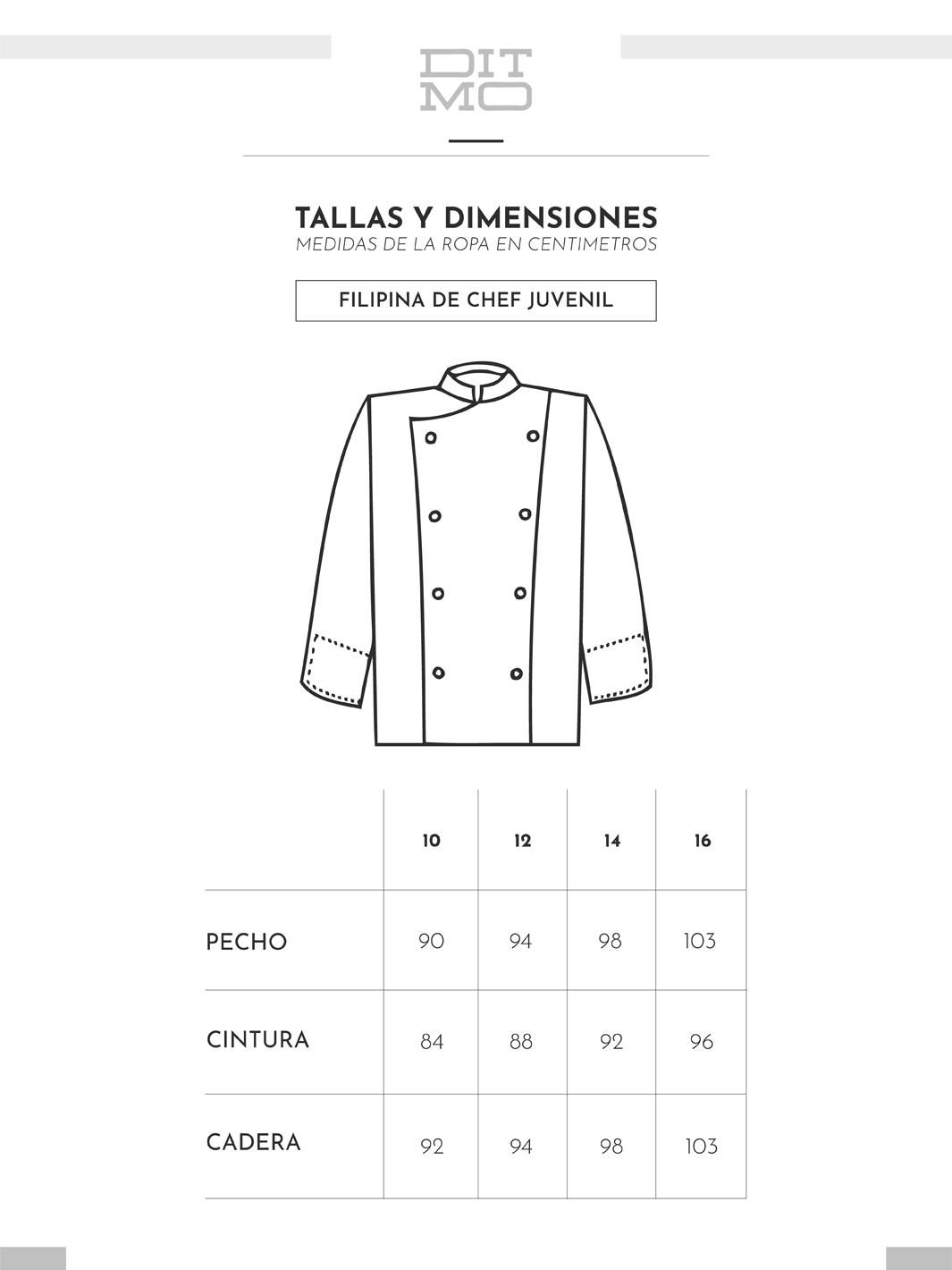 tabla de medidas de filipina de chef juvenil