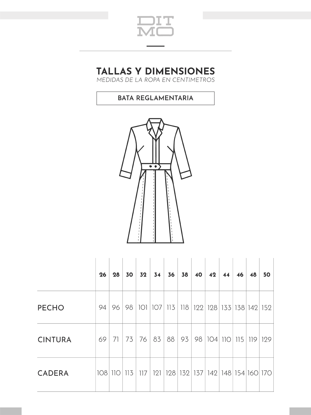 Tallas y dimensiones de bata reglamentaria para enfermera de Ditmo