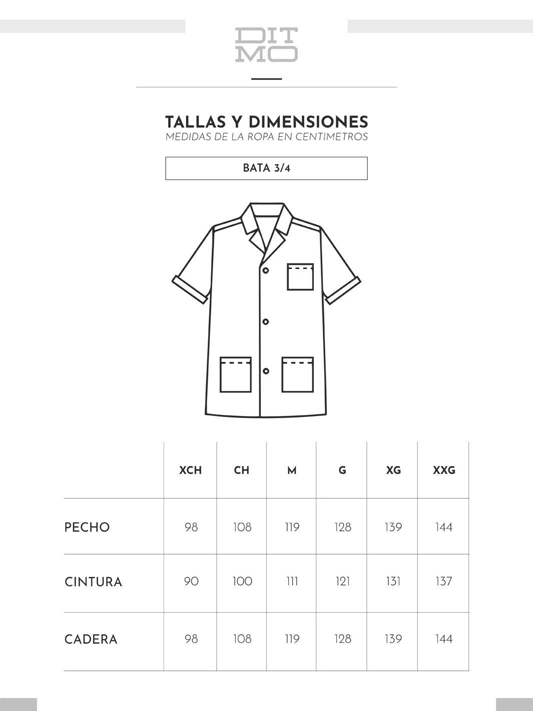 Tallas y dimensiones de bata blanca de laboratorio de manga corta de Ditmo