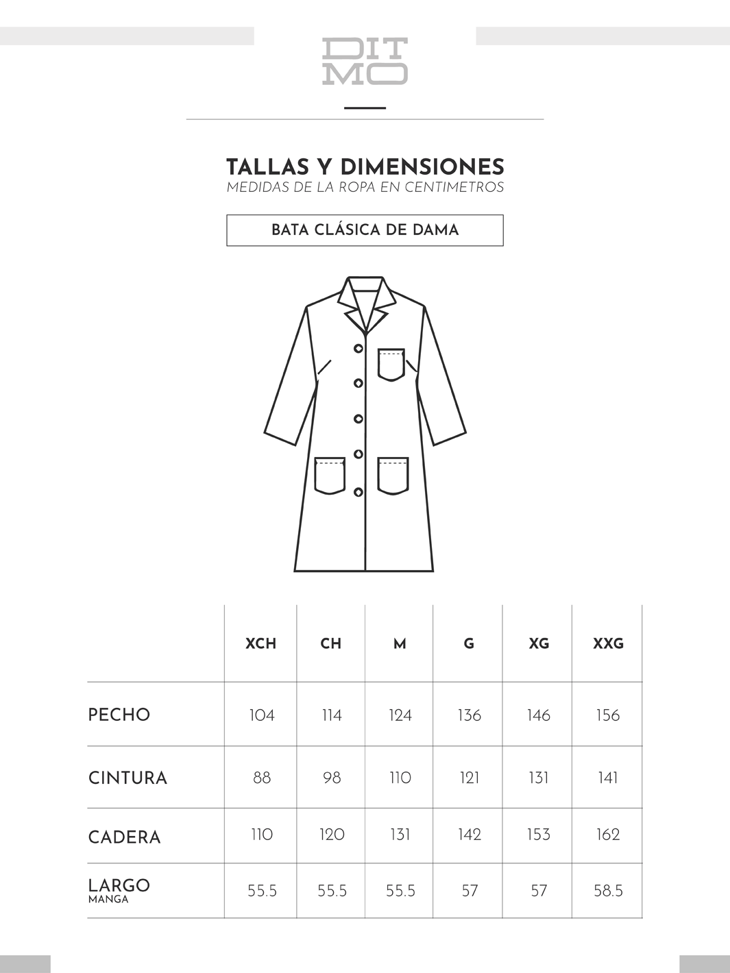 Tallas y dimensiones de bata blanca de medico de manga larga de Ditmo