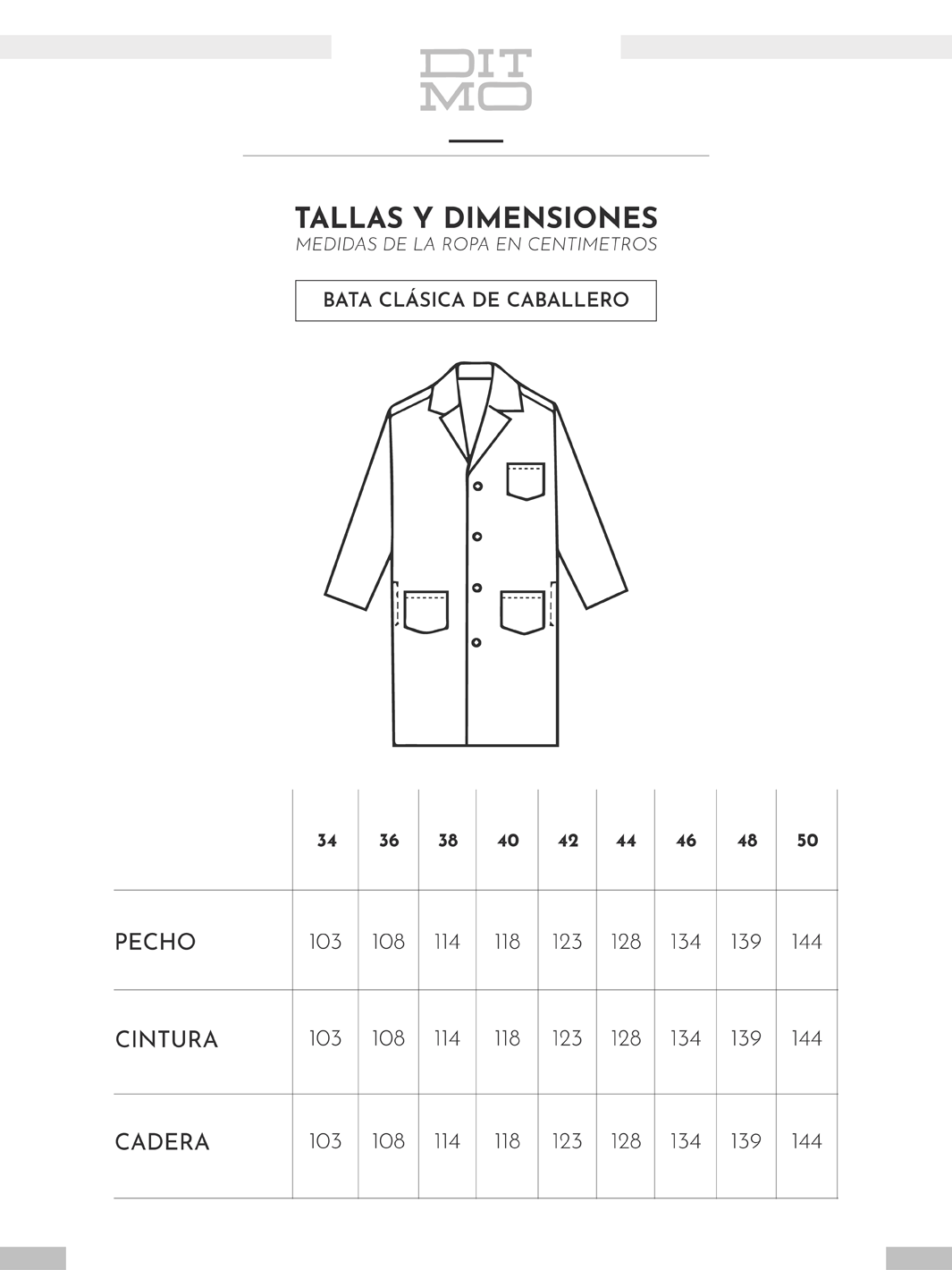 Tallas y dimensiones de bata blanca de medico de manga larga de Ditmo