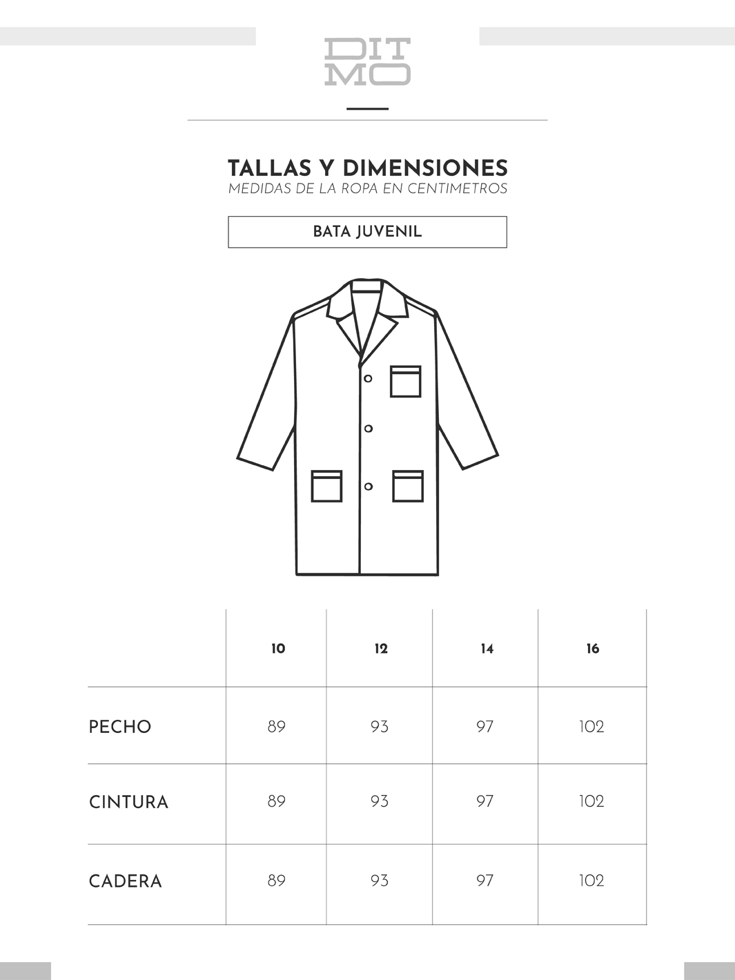Tallas y dimensiones de Bata de laboratorio juvenil de Ditmo