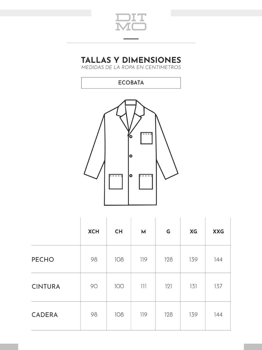 Tallas y dimensiones de escobata Bata de laboratorio de manga larga de Ditmo