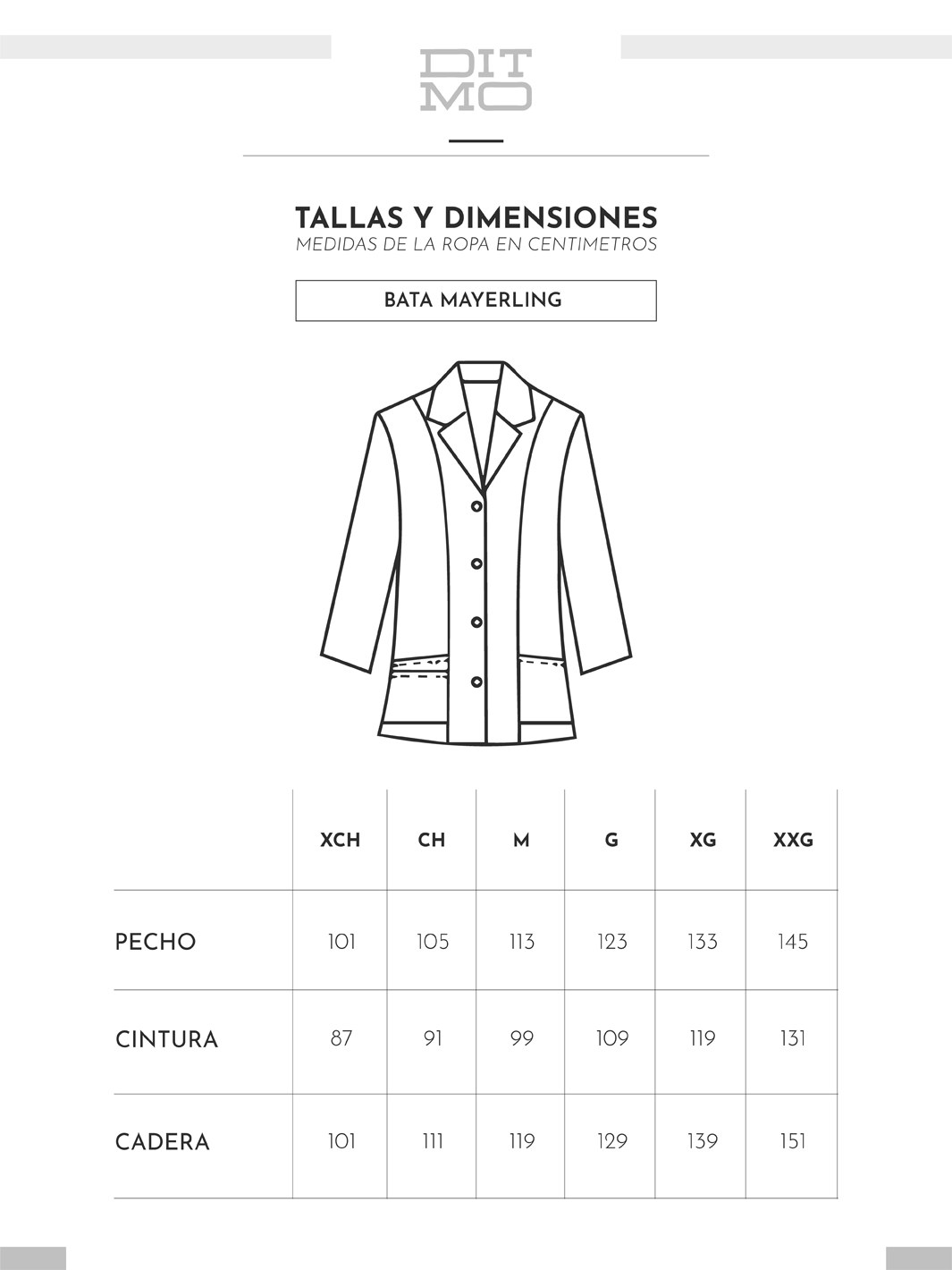 Tallas y dimensiones de bata mayerling de dama de Ditmo, corte princesa de Ditmo