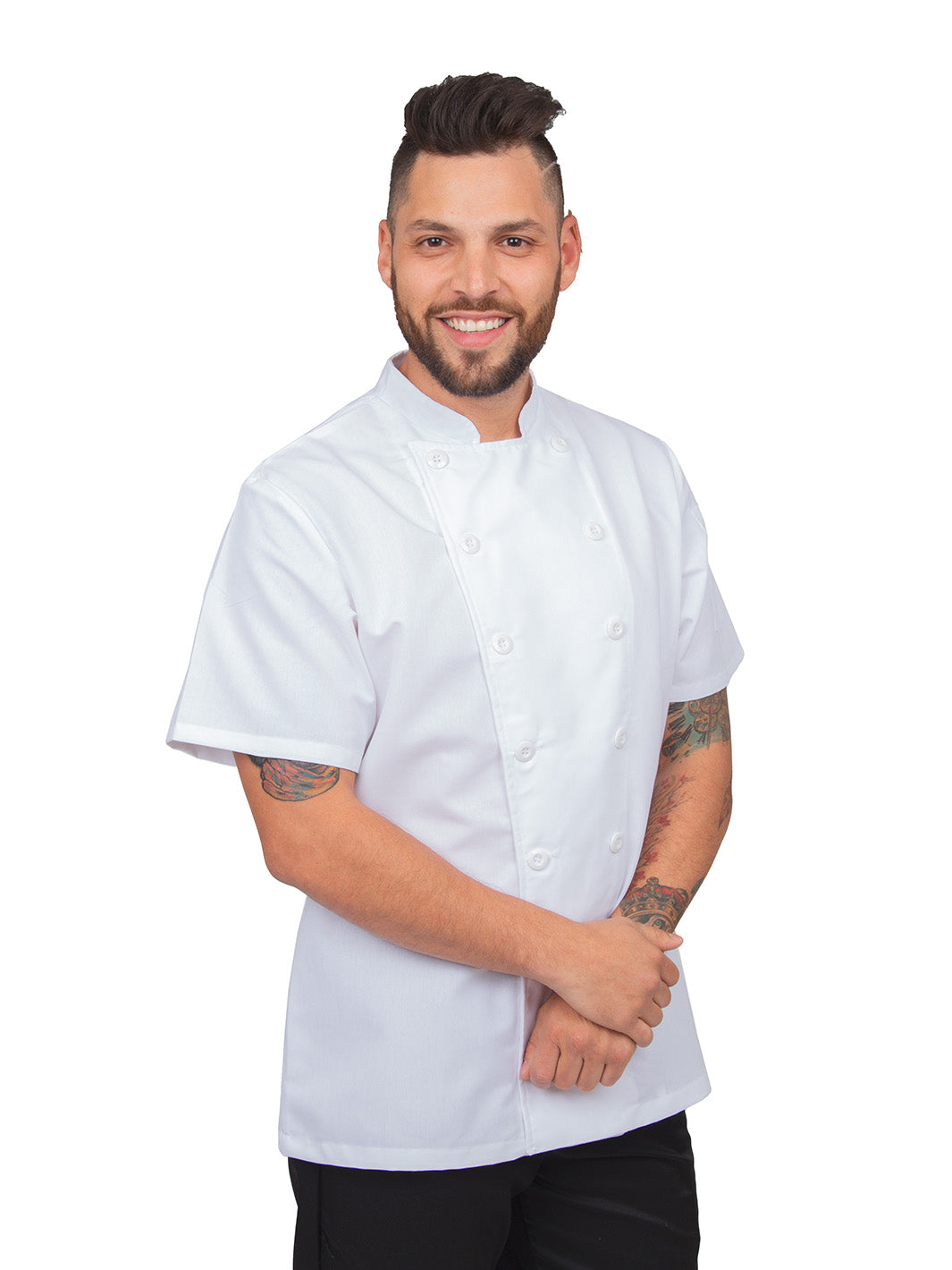 Joven utilizando filipina de chef color blanco de manga corta