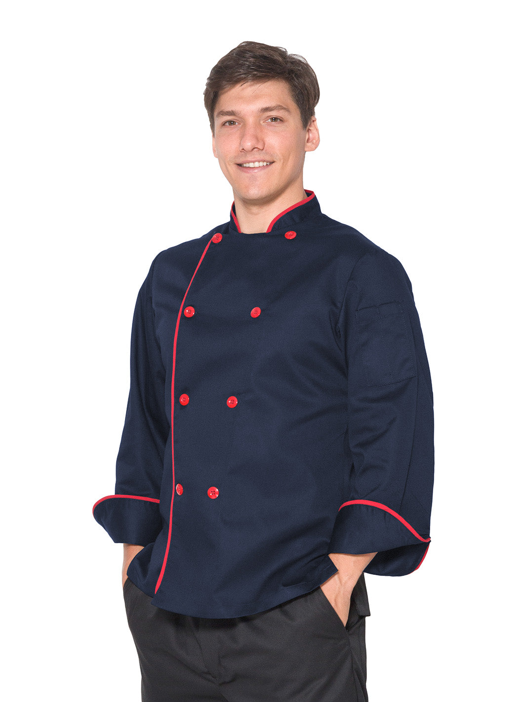 Cargar imagen en el visor de la galería, Hombre vistiendo filipina de chef unisex color marino con vistas rojas, mangas de puño redondeado, doble fila de botones con cruce reversible, y bolsa en manga izquierda. 
