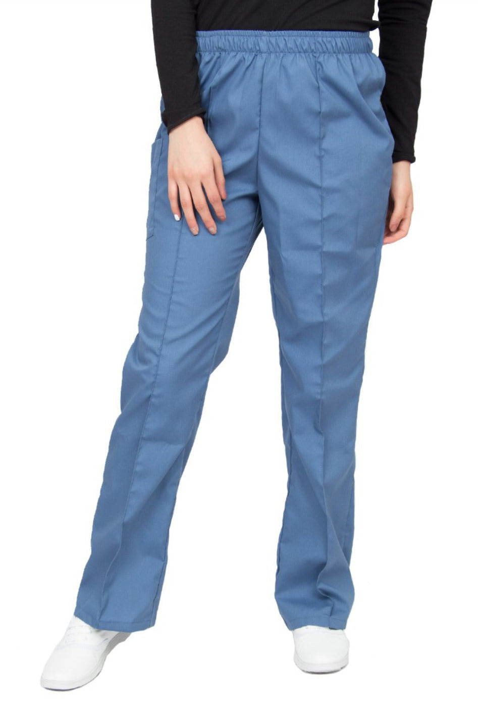 Pantalón médico azúl petróleo de corte recto, con una aforza al frente, una bolsa en el lado derecho con cierre de velcro, y cintura de elástico.