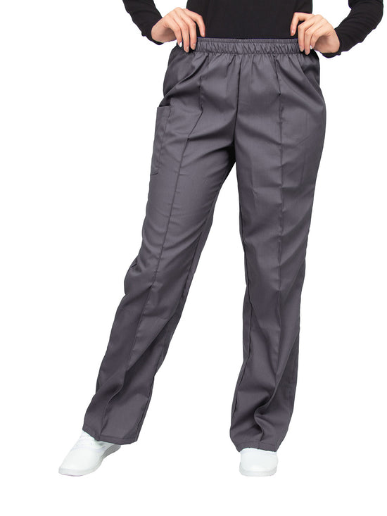 Pantalón clínico gris oscuro de corte recto, con una aforza al frente, una bolsa en el lado derecho con cierre de velcro, y cintura de elástico.