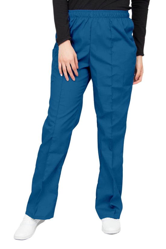 Pantalón clínico azul rey de corte recto, con una aforza al frente, una bolsa en el lado derecho con cierre de velcro, y cintura de elástico.