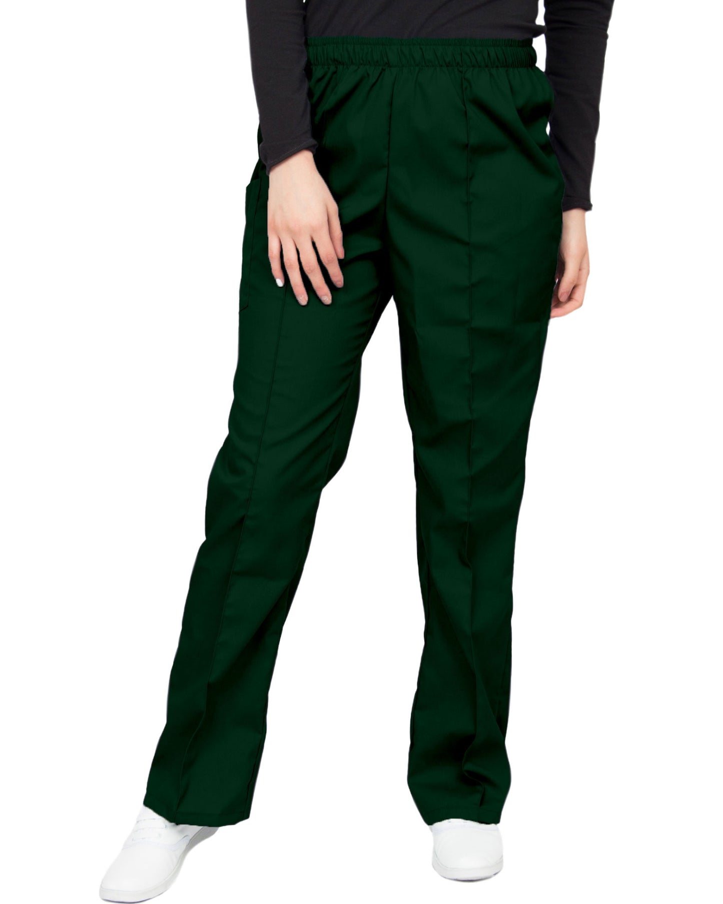 Pantalón clínico verde oscuro de corte recto, con una aforza al frente, una bolsa en el lado derecho con cierre de velcro, y cintura de elástico.