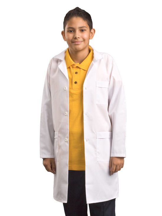Niño usando bata de laboratorio juvenil color blanco con bolsas y botones