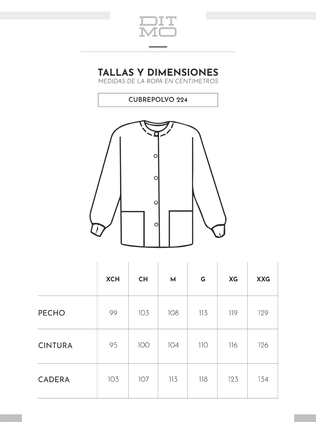 tabla de medidas para cubrepolvo 224 de ditmo uniformes