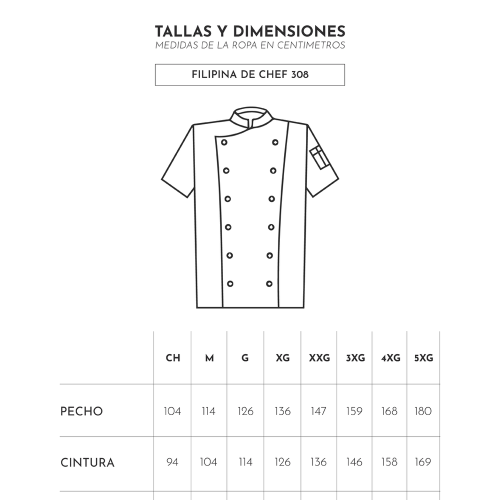 
                      
                        Tabla de medidas de filipina 308 para chef
                      
                    