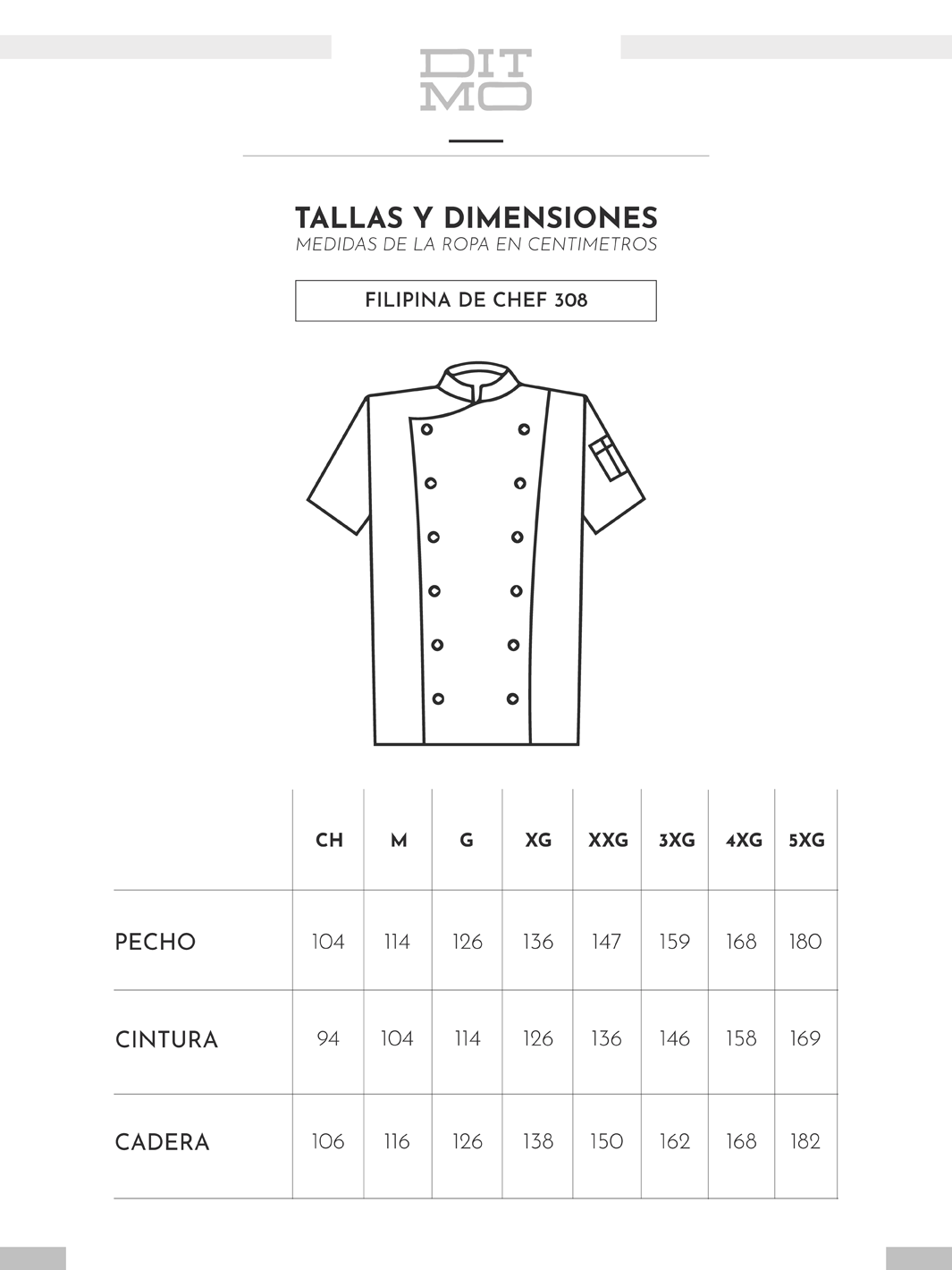 Tabla de medidas de filipina 308 para chef
