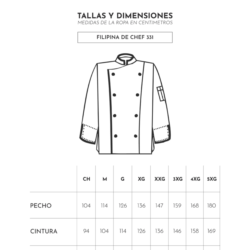 
                      
                        Tabla de medidas para filipina de chef 331 Ditmo Uniformes
                      
                    
