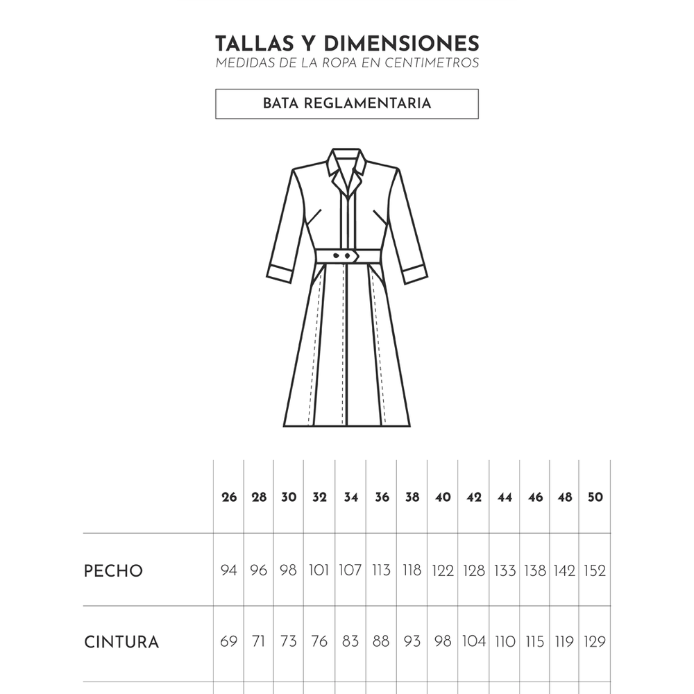 
                      
                        Tallas y dimensiones de bata reglamentaria para enfermera de Ditmo
                      
                    