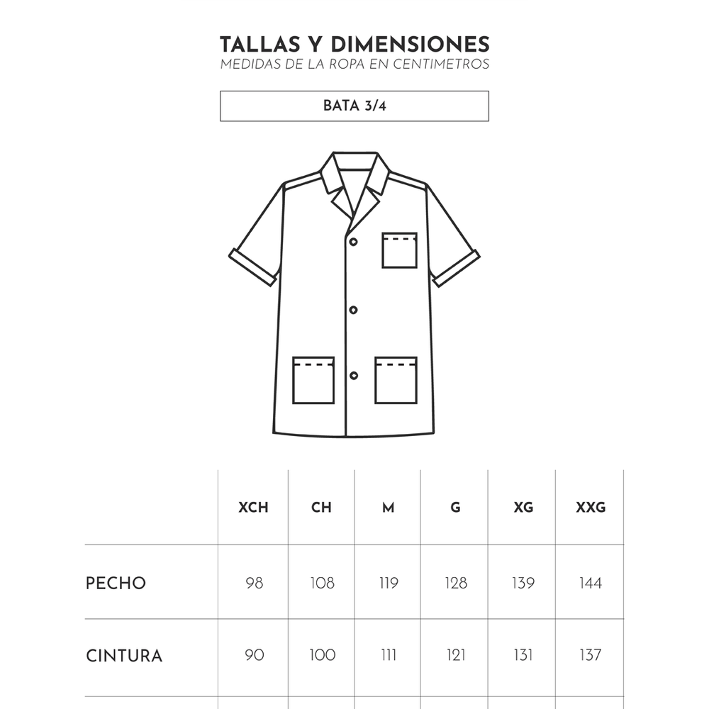 
                      
                        Tallas y dimensiones de bata blanca de laboratorio de manga corta de Ditmo
                      
                    