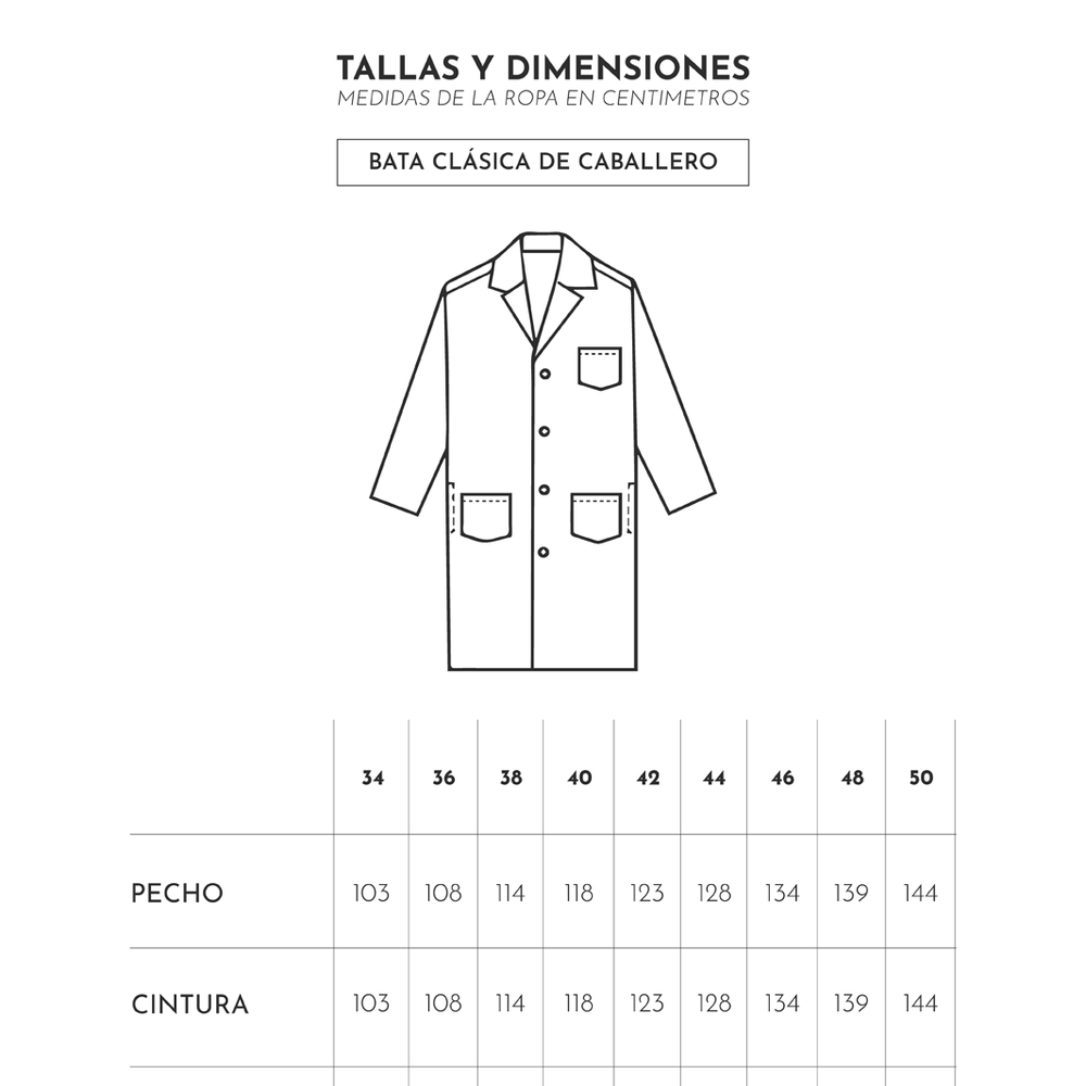 
                      
                        Tallas y dimensiones de bata blanca de medico de manga larga de Ditmo
                      
                    