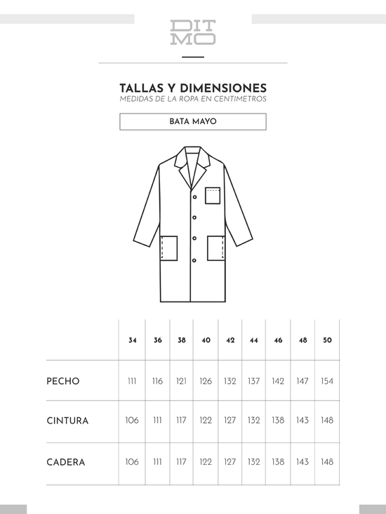 Tabla de tallas y dimensiones de bata de laboratorio para caballero de Ditmo
