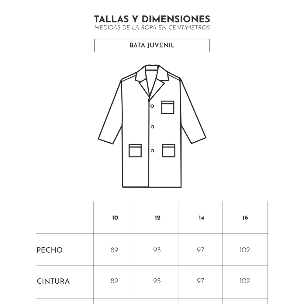 
                      
                        Tallas y dimensiones de Bata de laboratorio juvenil de Ditmo
                      
                    