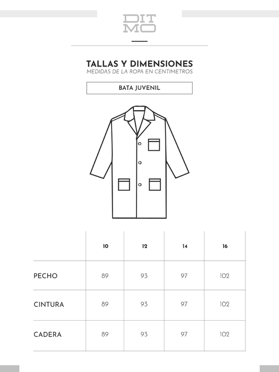 Tallas y dimensiones de Bata de laboratorio juvenil de Ditmo