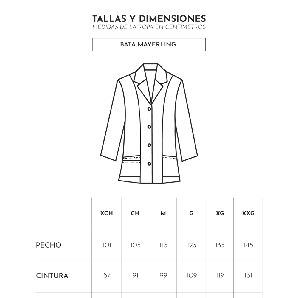 
                      
                        Tallas y dimensiones de bata mayerling de dama de Ditmo, corte princesa de Ditmo
                      
                    